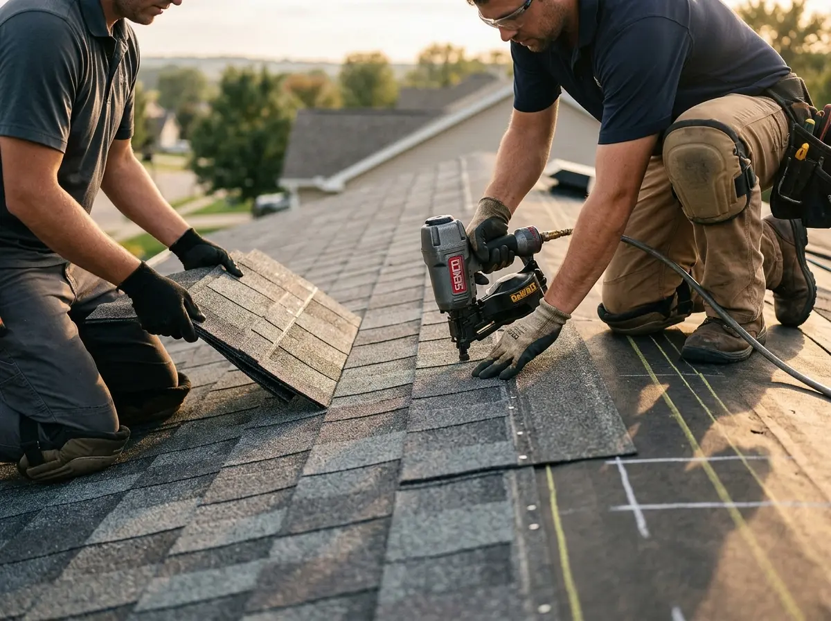 Professional roofer working on a residential roof in Camp Pendleton Mainside
